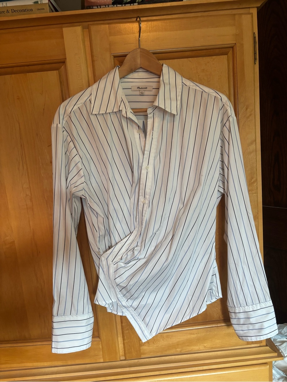 Madewell Women’s White Wrap Dress Shirt with Navy Stripes